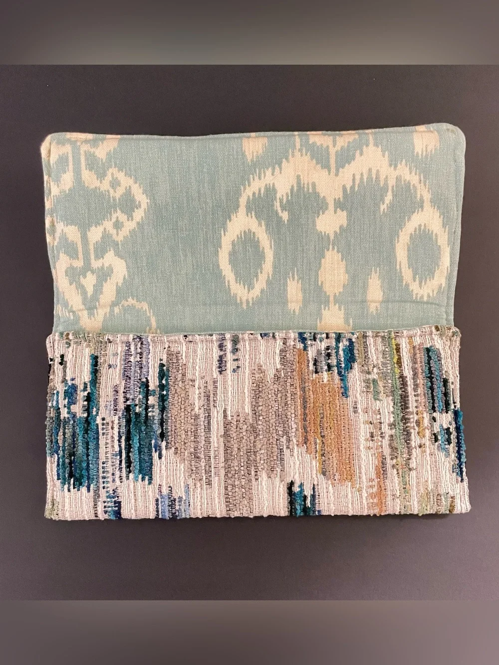 Our Woven Community Refugee Artisan Fold Over Clutch Fish Pattern Green Fringe